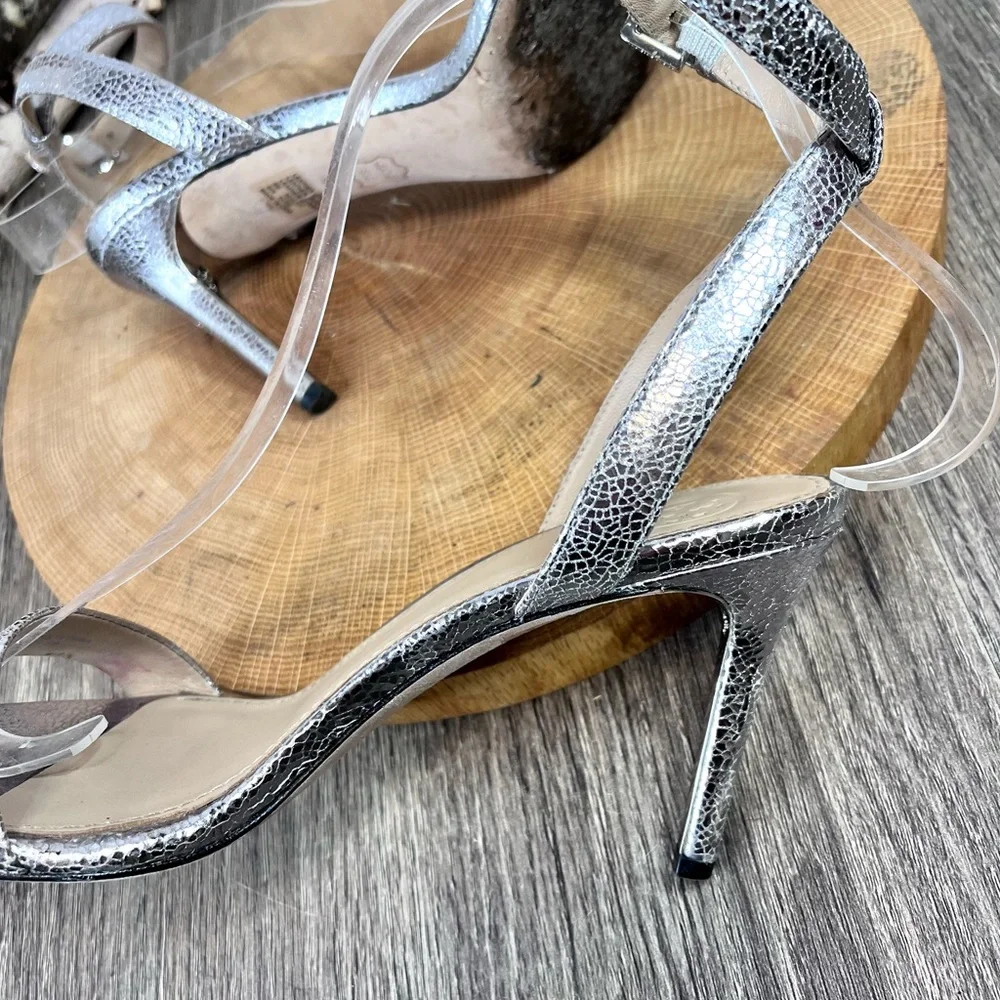 *Tory Burch | Elana Leather Silver Heeled Sandals With Ankle Straps Size 6